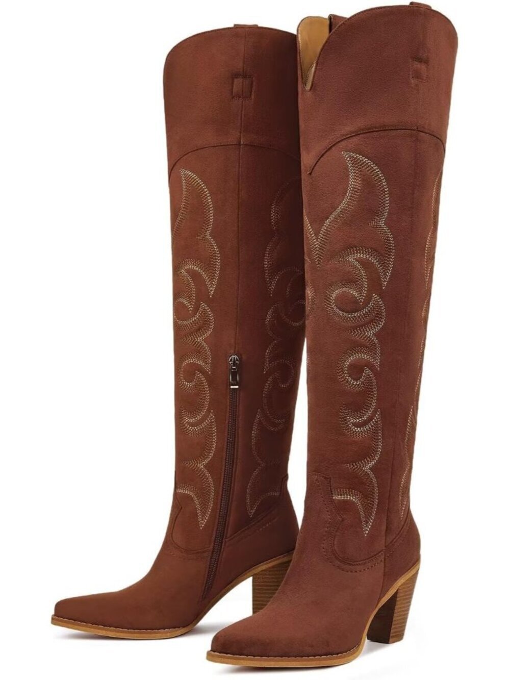 Women's Over Knee Reddish Western Boot with Pull On Tab Chunky Heel Cowgirl Boot - Picture 5 of 6